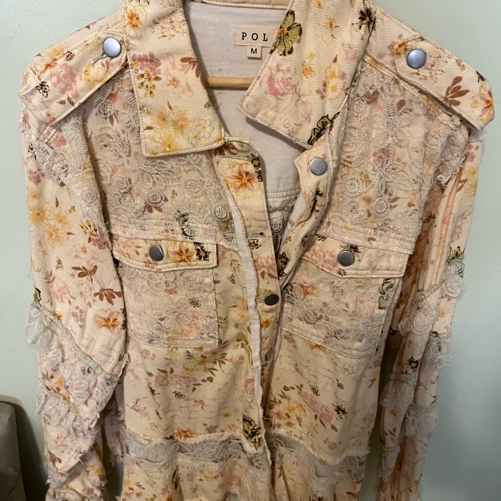 Pol Floral Lace Jean Jacket - Cream and Pink
